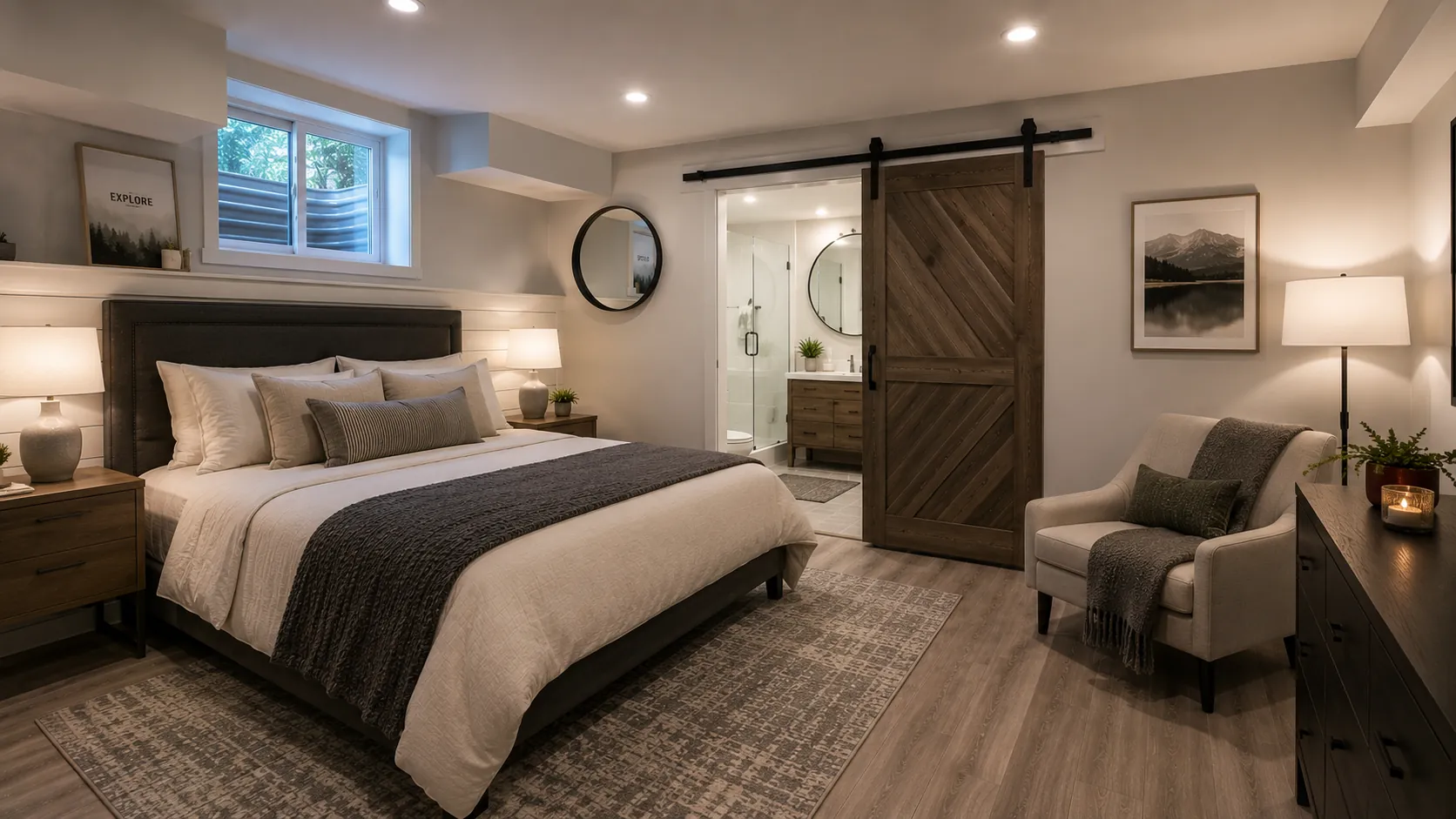 Modern farmhouse guest bedroom basement with upholstered bed, barn door bathroom entrance, sitting nook with fireplace, neutral color scheme, contemporary furnishings, and wood-look flooring throughout.