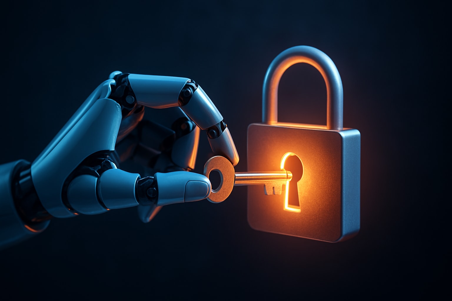 A robotic hand inserts a glowing key into an illuminated padlock.