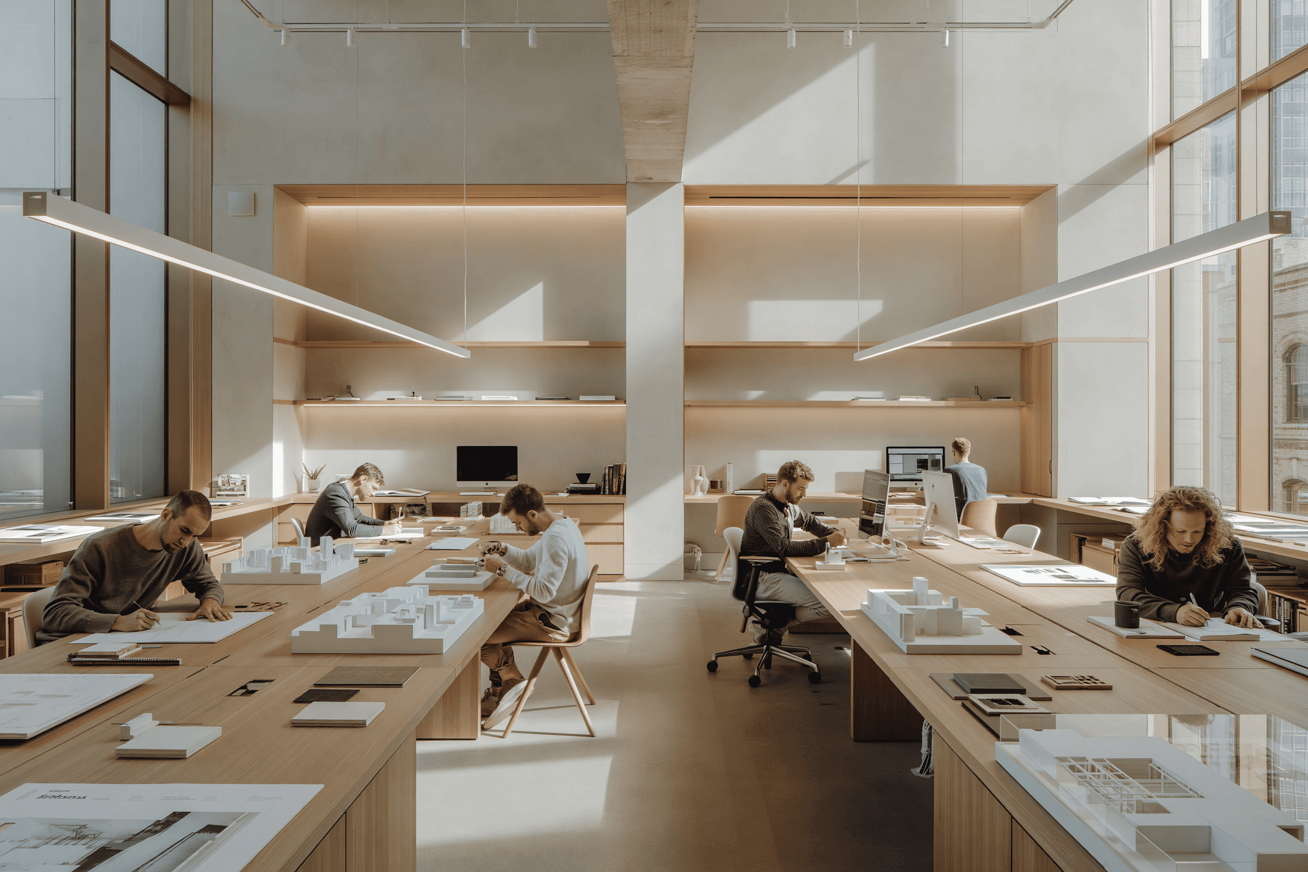 An architectural office at dusk with several staff members working at wooden tables covered in blueprints and model structures, featuring a large window view of the Berlin TV Tower against a sunset sky and industrial-style hanging pendant lights.