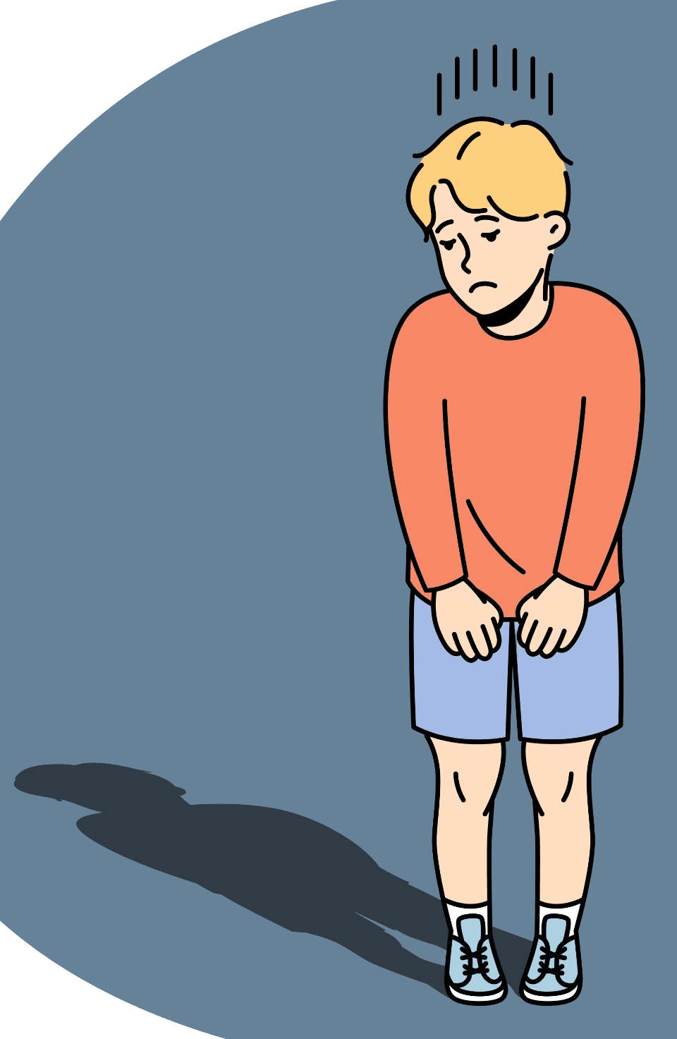 Boy standing sadly, looking at his shadow which represents the impact of past experiences on current well-being. The image aligns with themes of trauma, healing, and personal growth.