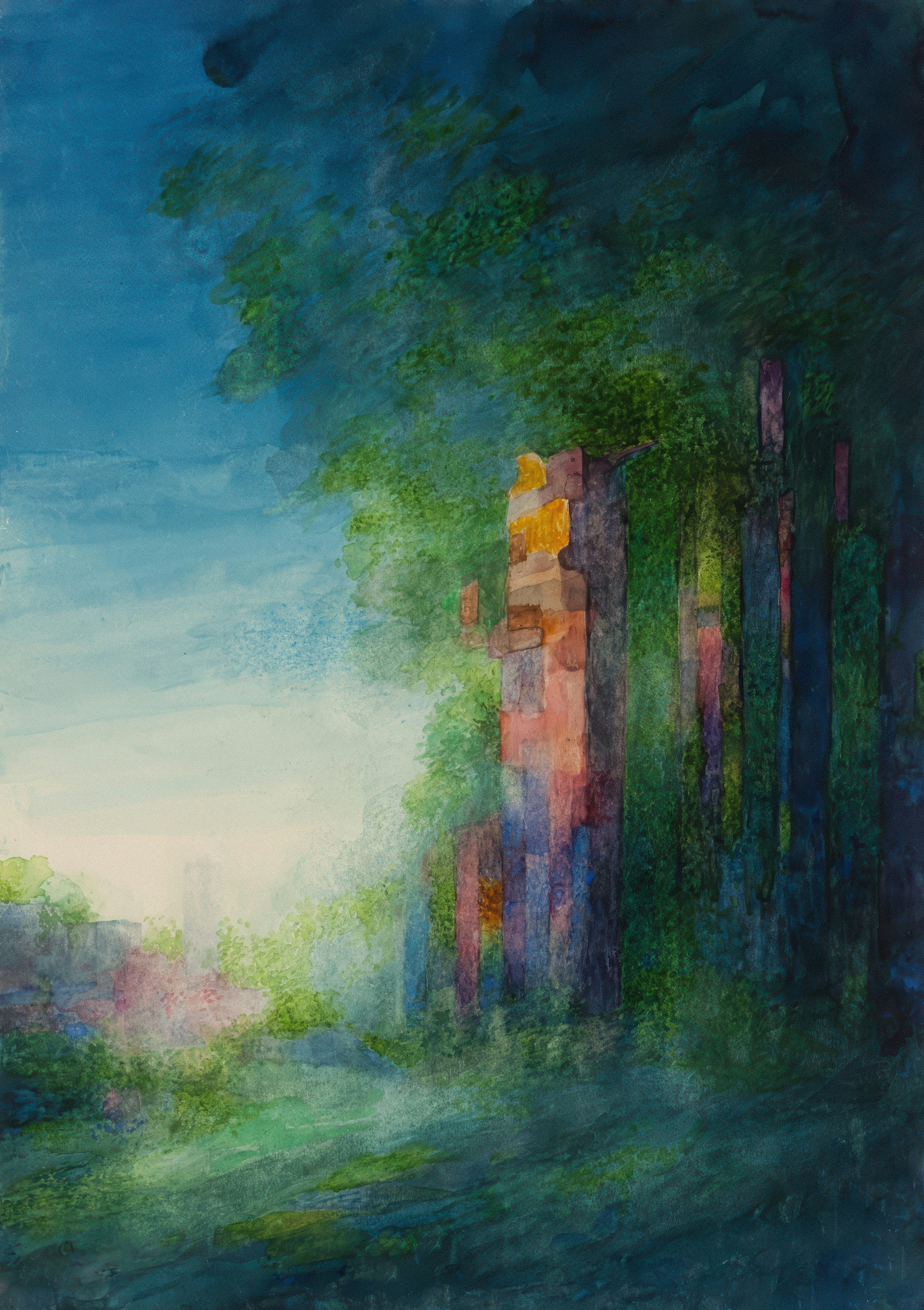 Watercolor painting of overgrown ruins with lush greenery