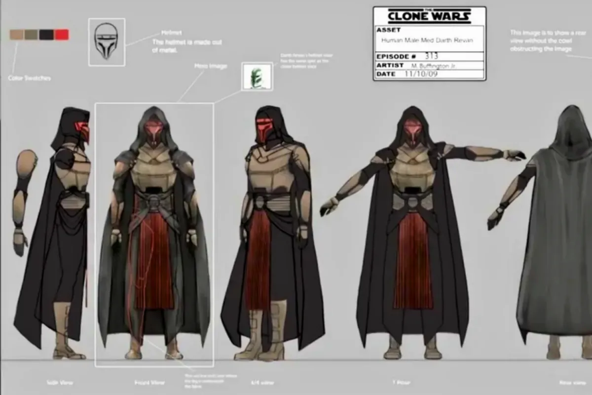 Concept art for Darth Revan’s unused appearance in Star Wars: The Clone Wars. The design sheet showcases multiple views, including front, side, and rear, featuring Revan in his signature dark armor, red and black mask, and flowing black cloak. The annotations highlight details like color swatches, helmet material, and notes about the design’s inspiration. The label identifies this as an asset for Episode 313, created by artist M. Buffington Jr. on 11/10/09.