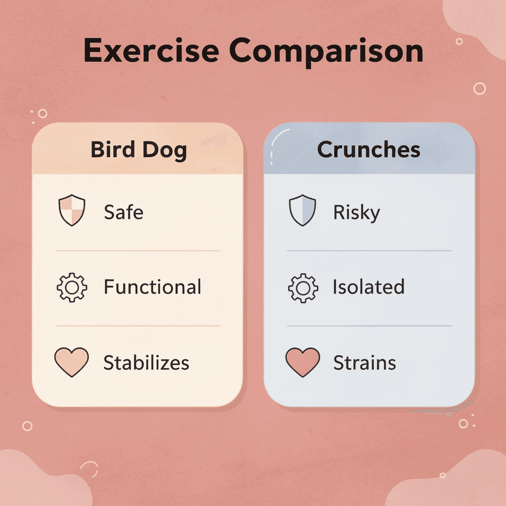 Comparison chart showing bird dog versus crunches for diastasis recti