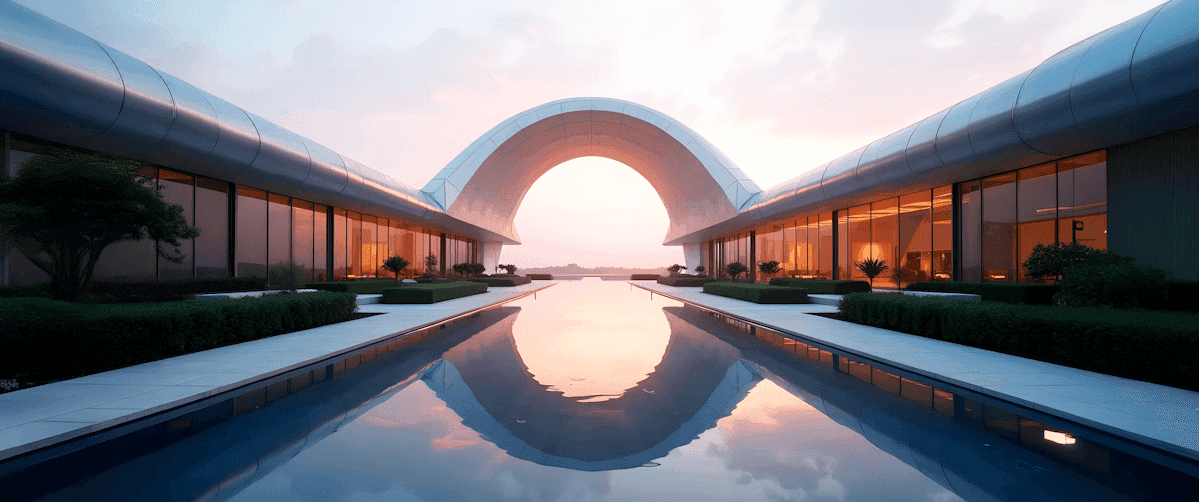Symmetrical circular arch pavilion reflecting in a still water pool at sunset