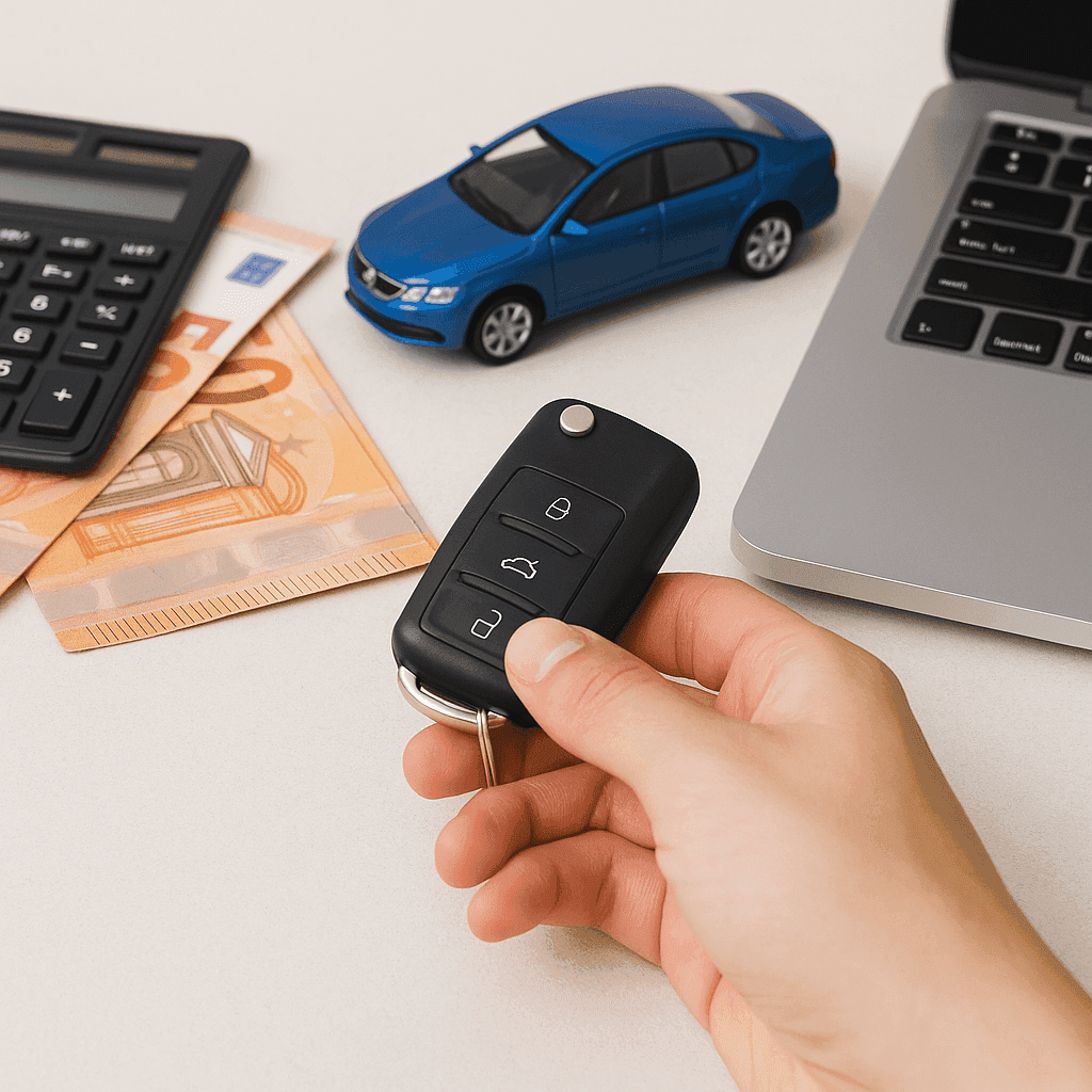 Car key held over car, money and calculator - car buying concept