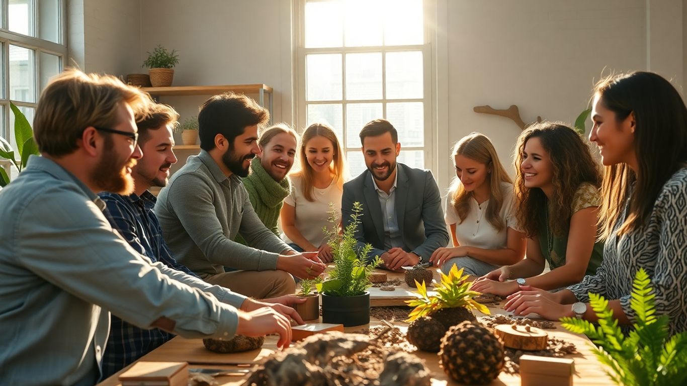 Entrepreneurs collaborating on sustainable products in a sunlit room.