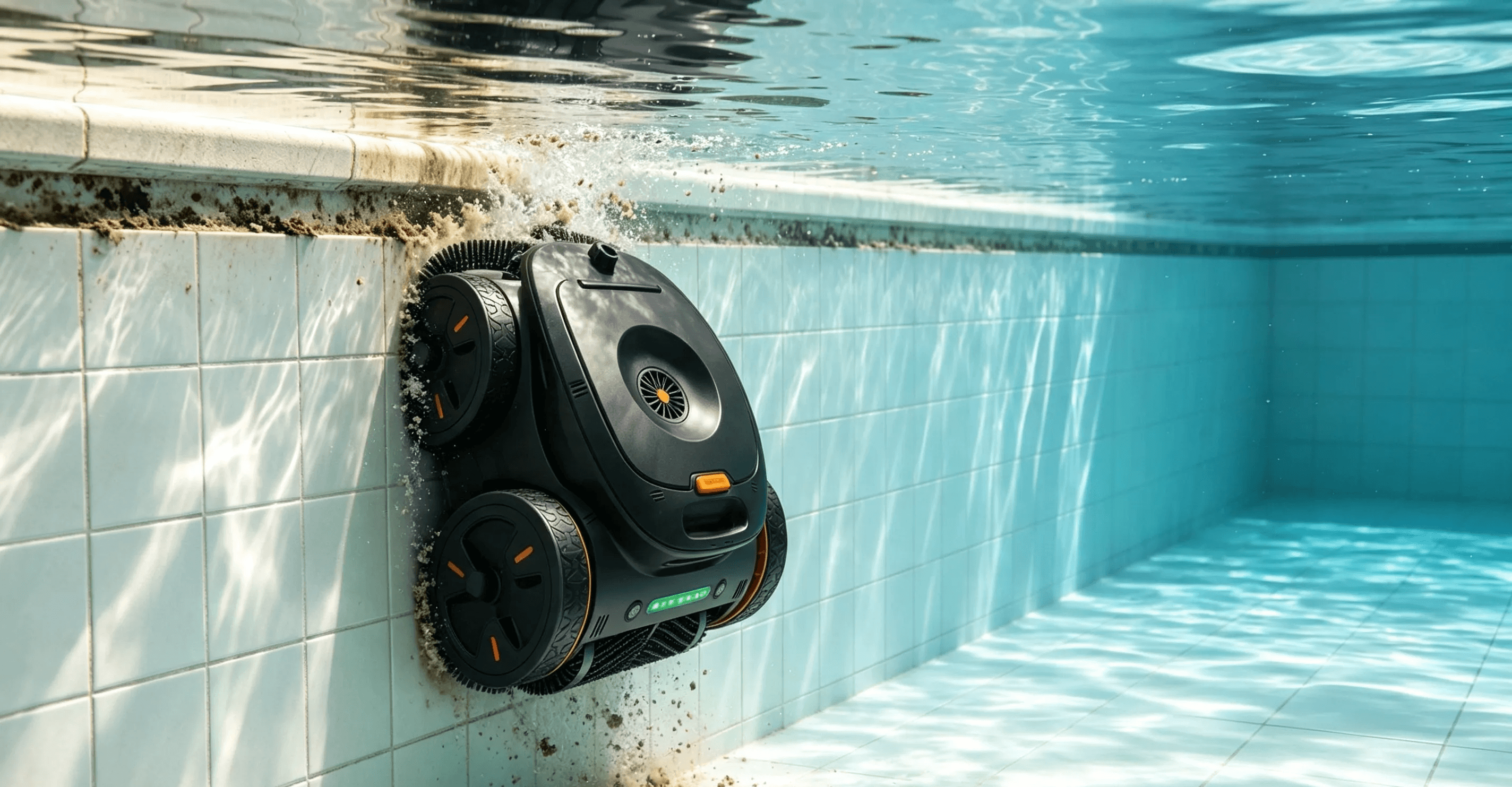 Robotic pool cleaner climbing a pool wall and cleaning the waterline area