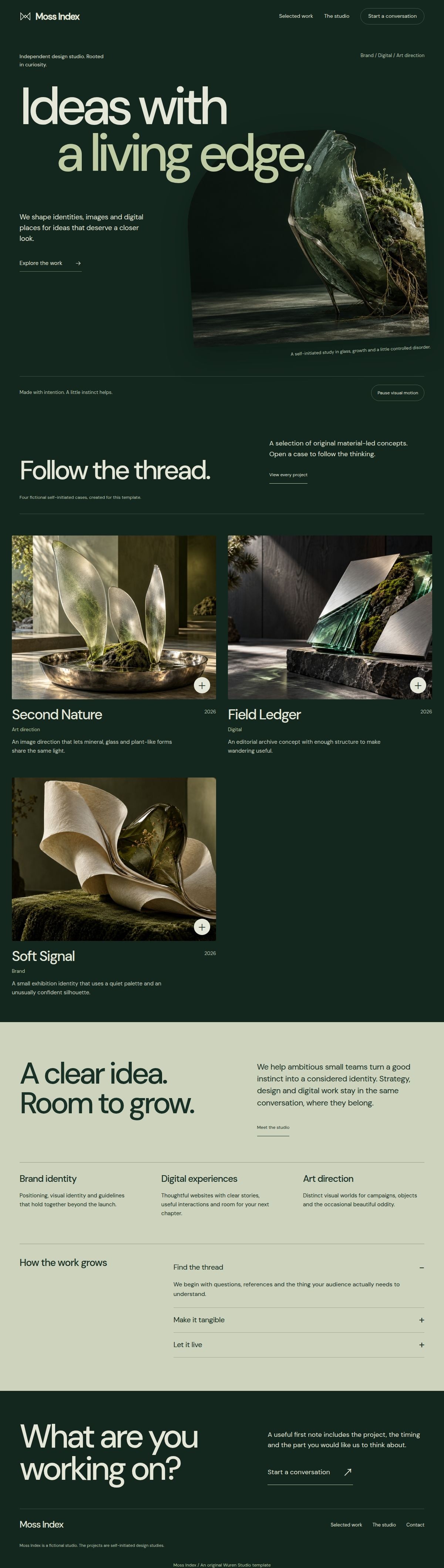 Original Moss Index homepage with oversized editorial type, moss-green glass forms and selected projects.