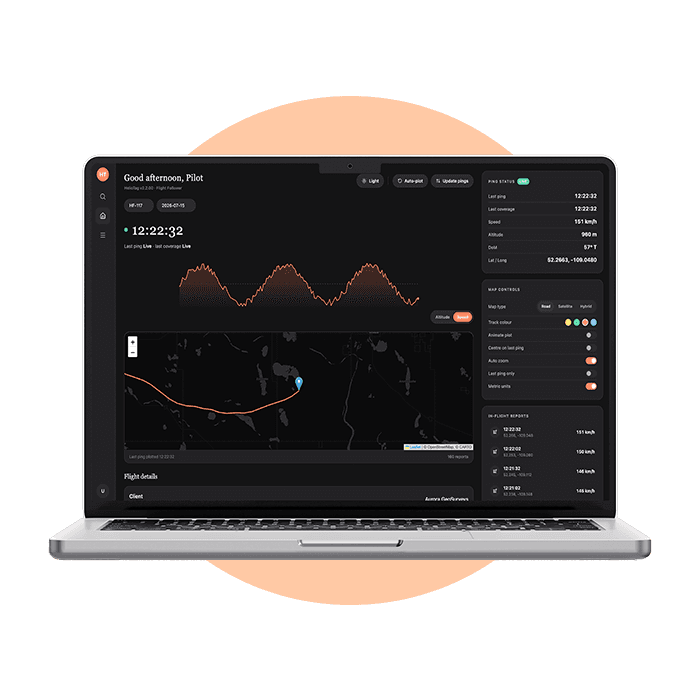 FOLLOWING live tracking dashboard showing aircraft flight data on a laptop