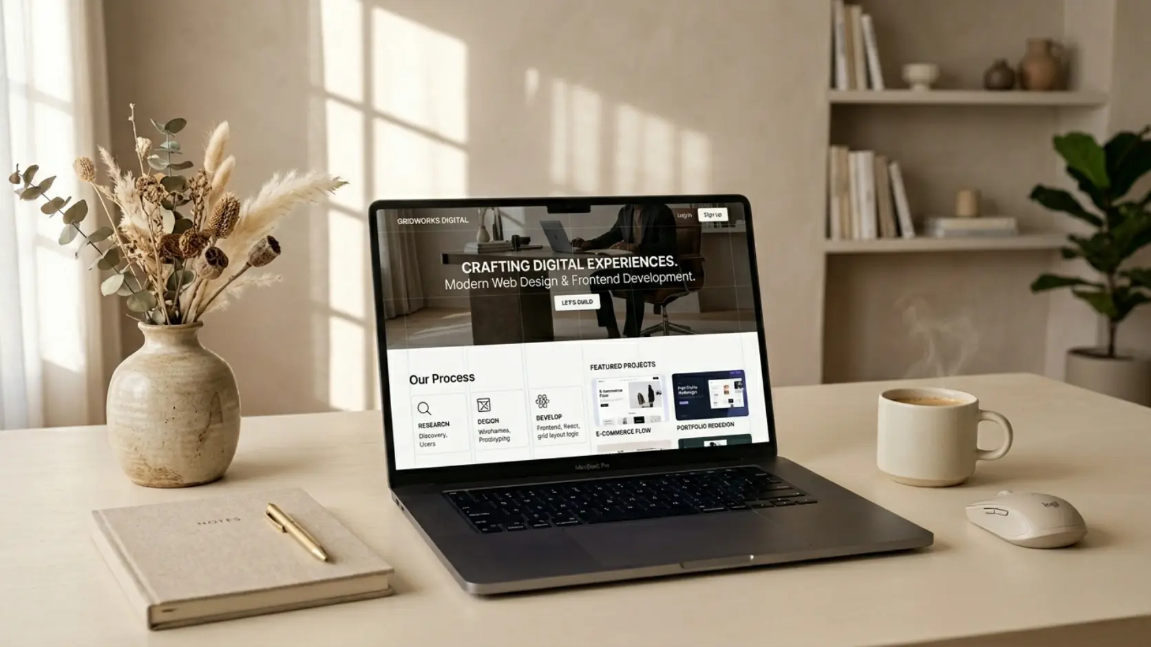 A modular representation of end-to-end development (Custom Web, E-commerce, Web Apps), showing different digital elements coming together perfectly.
