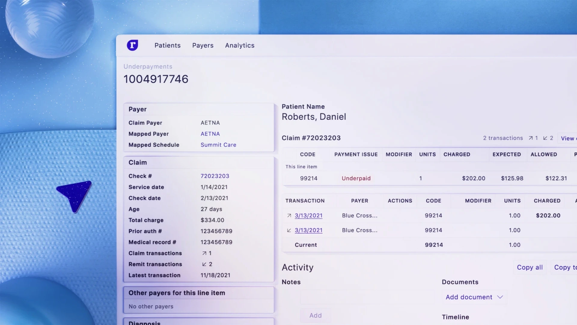 Detailed UI screen of claim information and underpayments, animated for a SaaS product demo video in the healthcare sector.