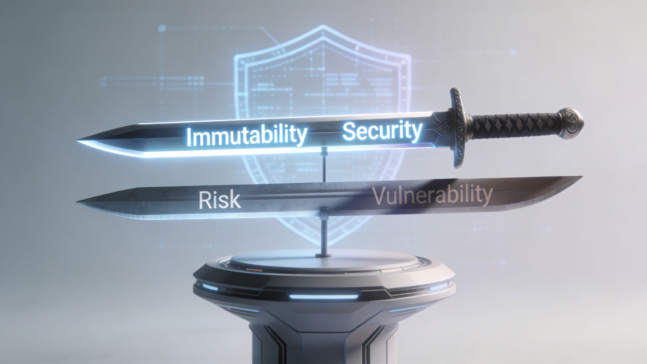 A conceptual illustration featuring two swords labeled with cybersecurity terms on a futuristic digital pedestal.