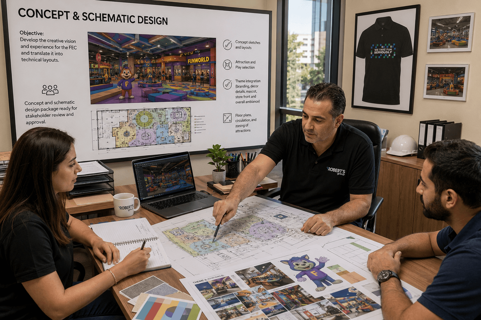 people in office reviewing designs of project