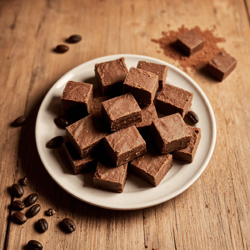 product photography of a plate of chocolate fudge pieces