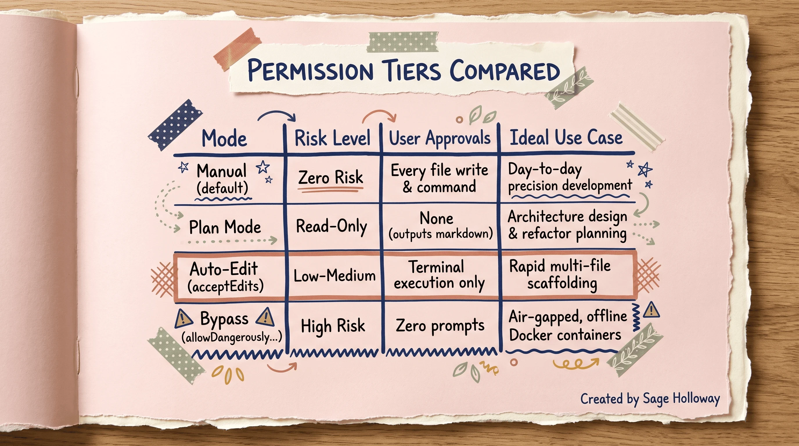 Comparison table of Claude Code permission modes risk levels and use cases