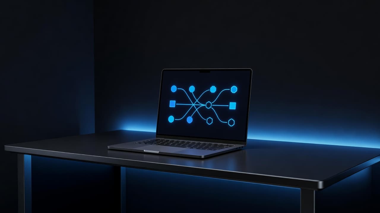 A sleek dark desk features a laptop screen displaying an abstract diagram of glowing nodes connected by bright lines. Soft blue ambient lighting illuminates the workspace with a futuristic, tech-focused aesthetic.