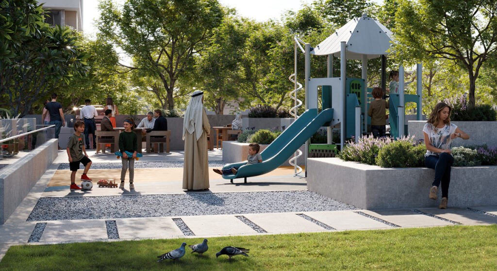Artist's impression of the park area at Address Residences, featuring green spaces and walking paths for residents.