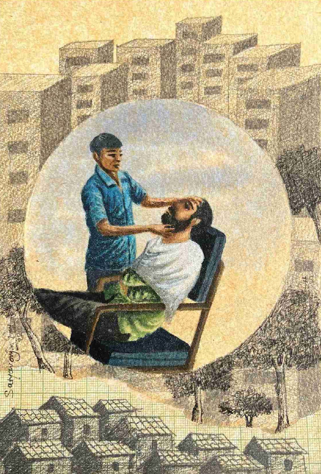 herd of sheep on road painting