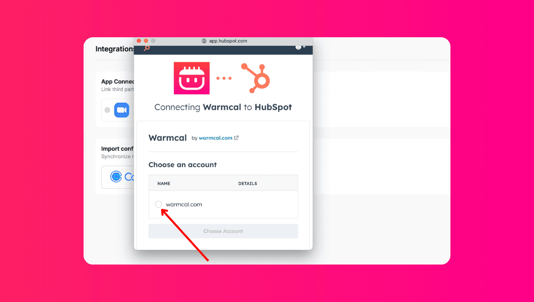 HubSpot pop-up box showing account selection for integration with Warmcal.