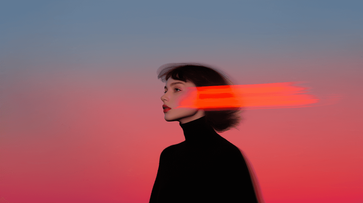 Silhouette of a person against a gradient sky, featuring shades of pink and blue, with a subtle light effect.