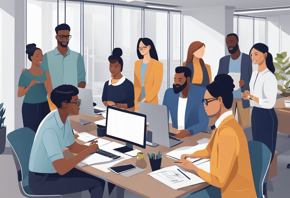 A diverse group of people from different backgrounds working together harmoniously in a modern office setting, showcasing the importance of cultural fit in recruiting