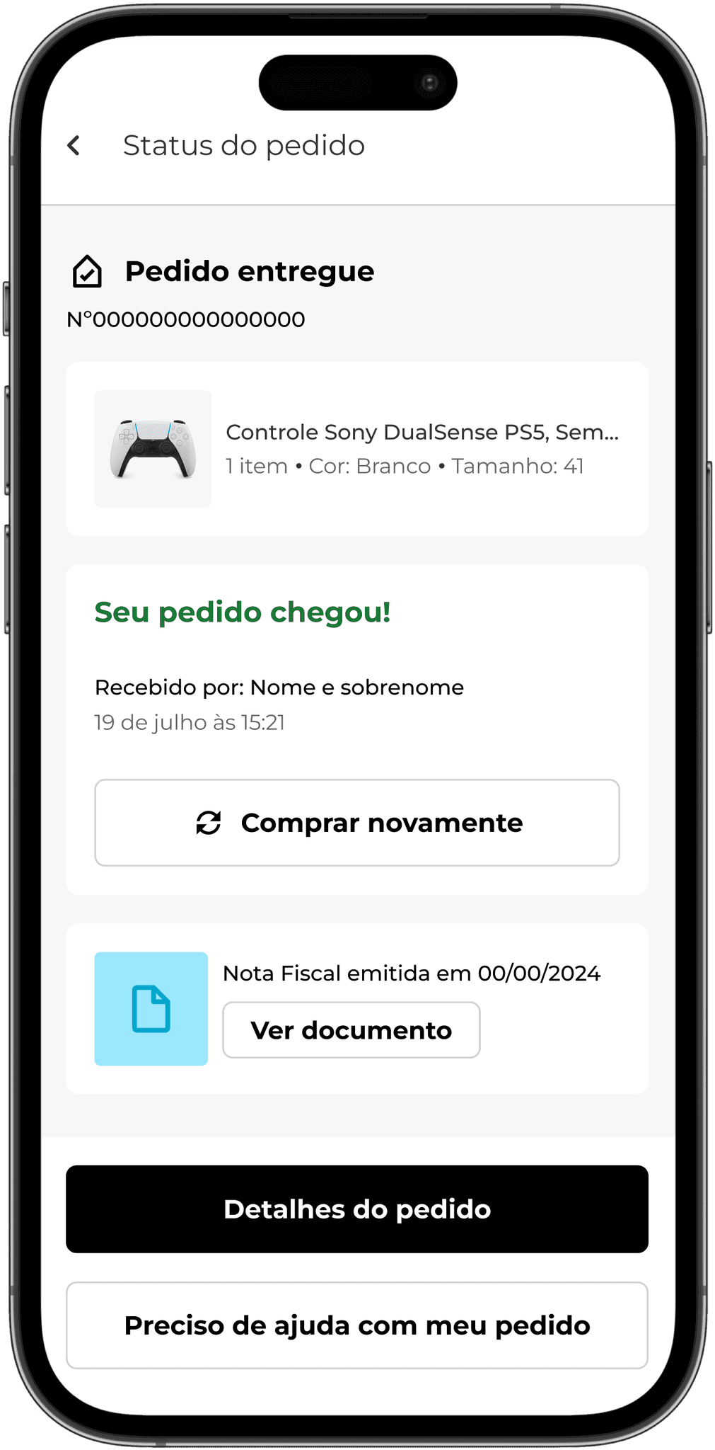 Página mobile do status de pedido entregue, nela vemos: status do pedido, número do pedido, foto do produto com suas informações de sku, indicação de que o pedido foi entregue, nome do recebedor, data e hora da entrega. Em seguida, um botão de comprar novamente e a nota fiscal para download. Por último observamos dois botões: um de detalhes do pedido e outro que emcaminha o usuáio para o atendimento Buscapé caso ele precise de ajuda.