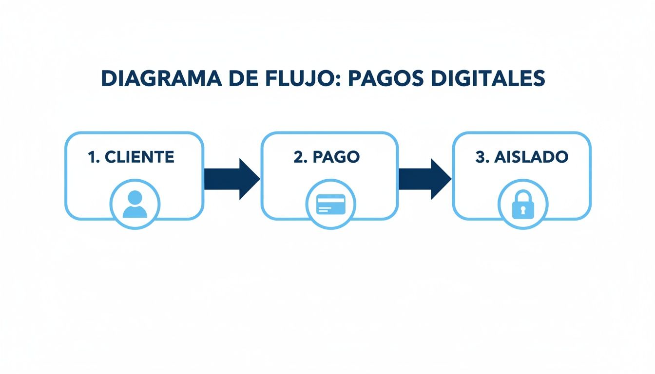 Diagrama de flujo que ilustra los pasos clave en los pagos digitales: cliente, pago y aislado.