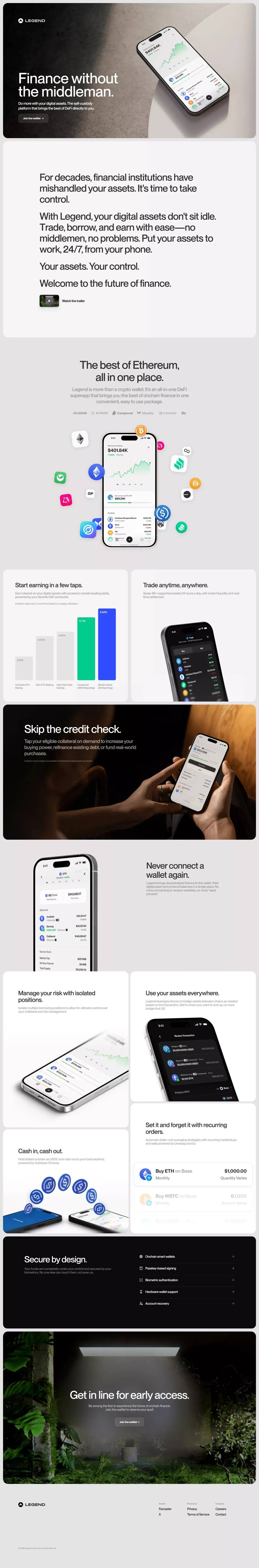 Legend landing page screenshot showcasing Finance and NFT / Crypto / Web3 design