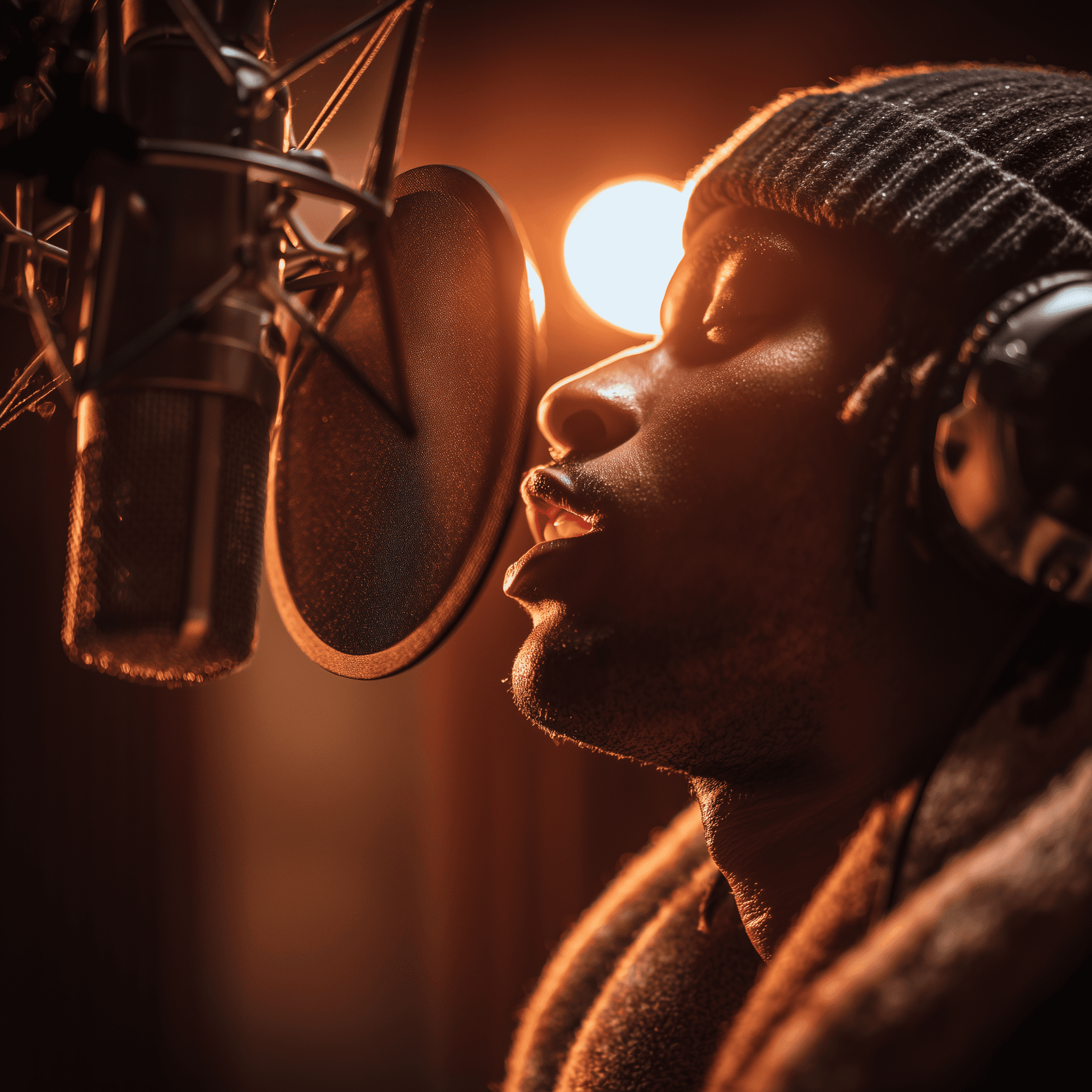 Color photo of singer in a studio