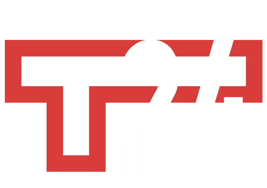 A red and white logo with a stylized letter T