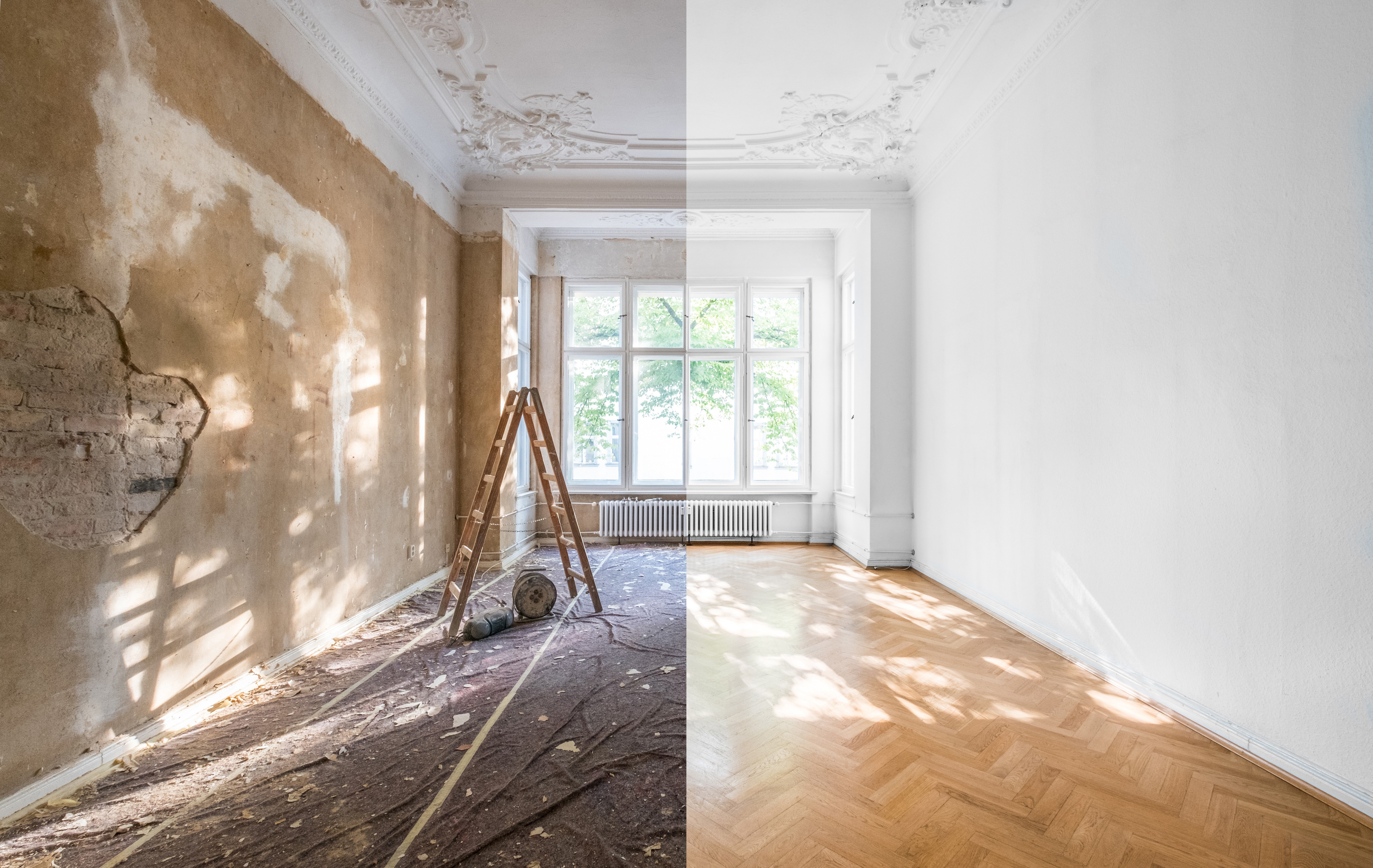 St. Louis home undergoing restoration with before-and-after renovation showing damaged interior and fully restored living space by Absolutes Restoration