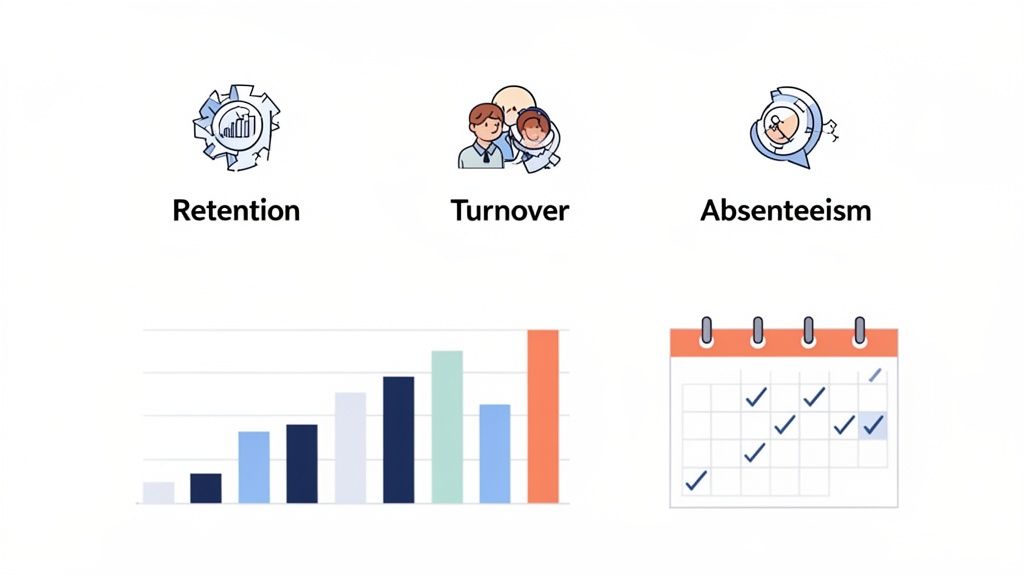 Illustration of HR metrics including retention, turnover, and absenteeism, shown with a bar chart and calendar.
