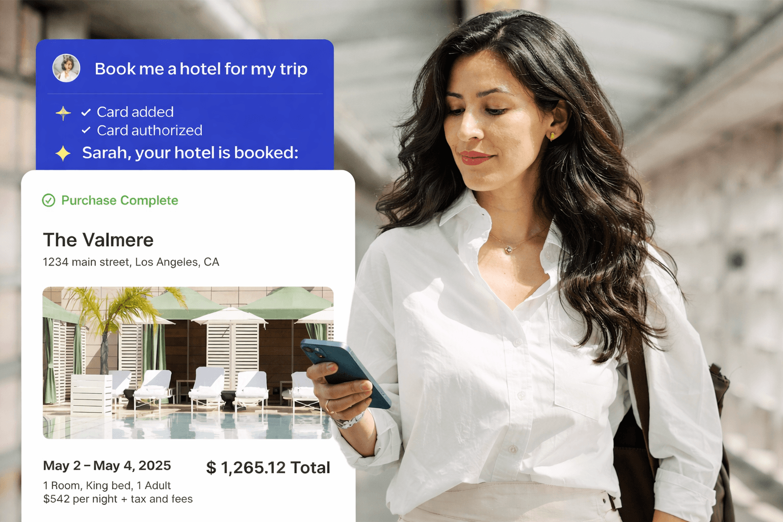 Illustration of AI agent booking a hotel using saved payment credentials, showing agent-initiated purchase completion with user authorization in an intelligent commerce flow.