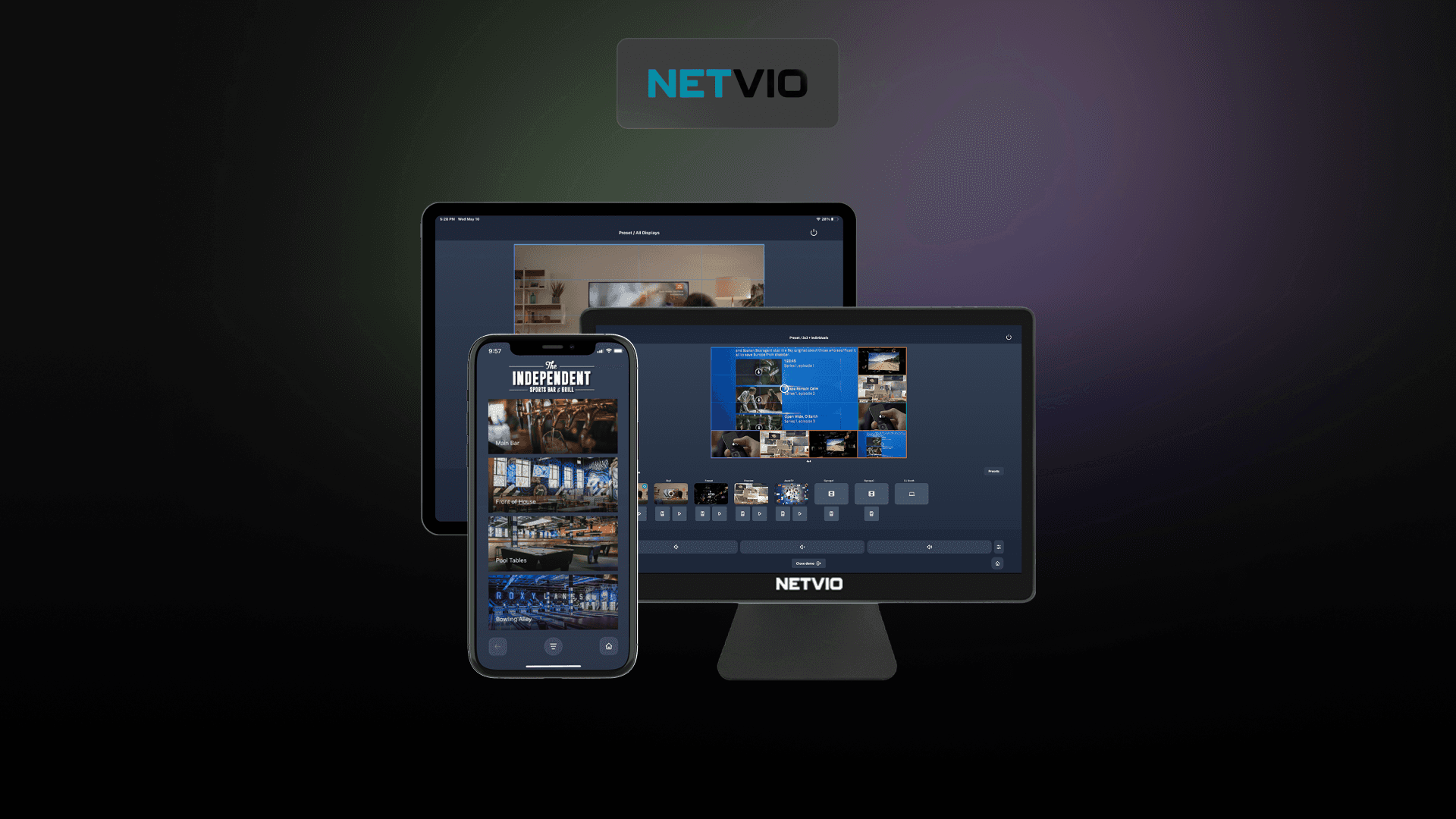 NETVIO app displayed on phone, tablet, and desktop