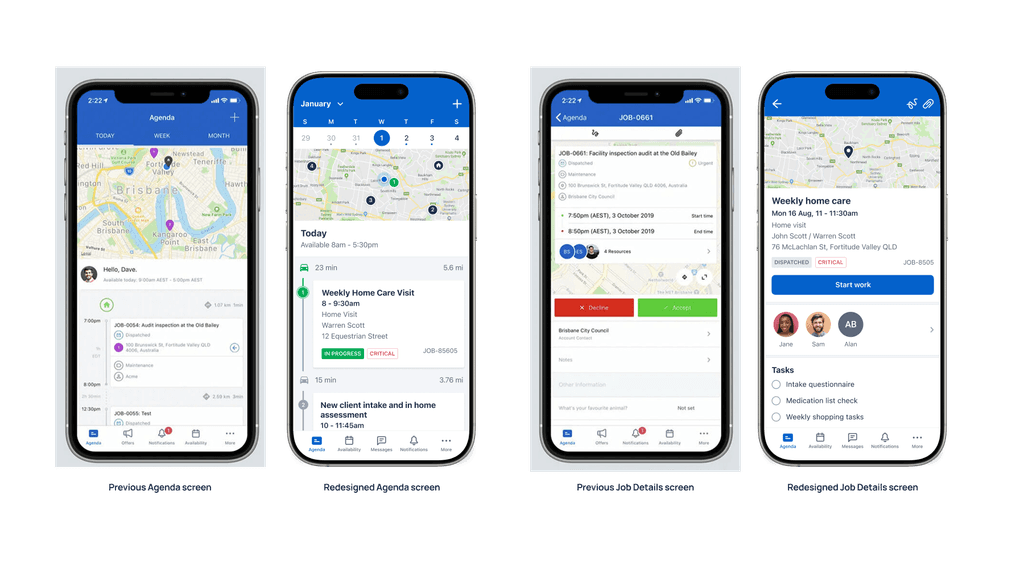 Before and after shots of the Skedulo app