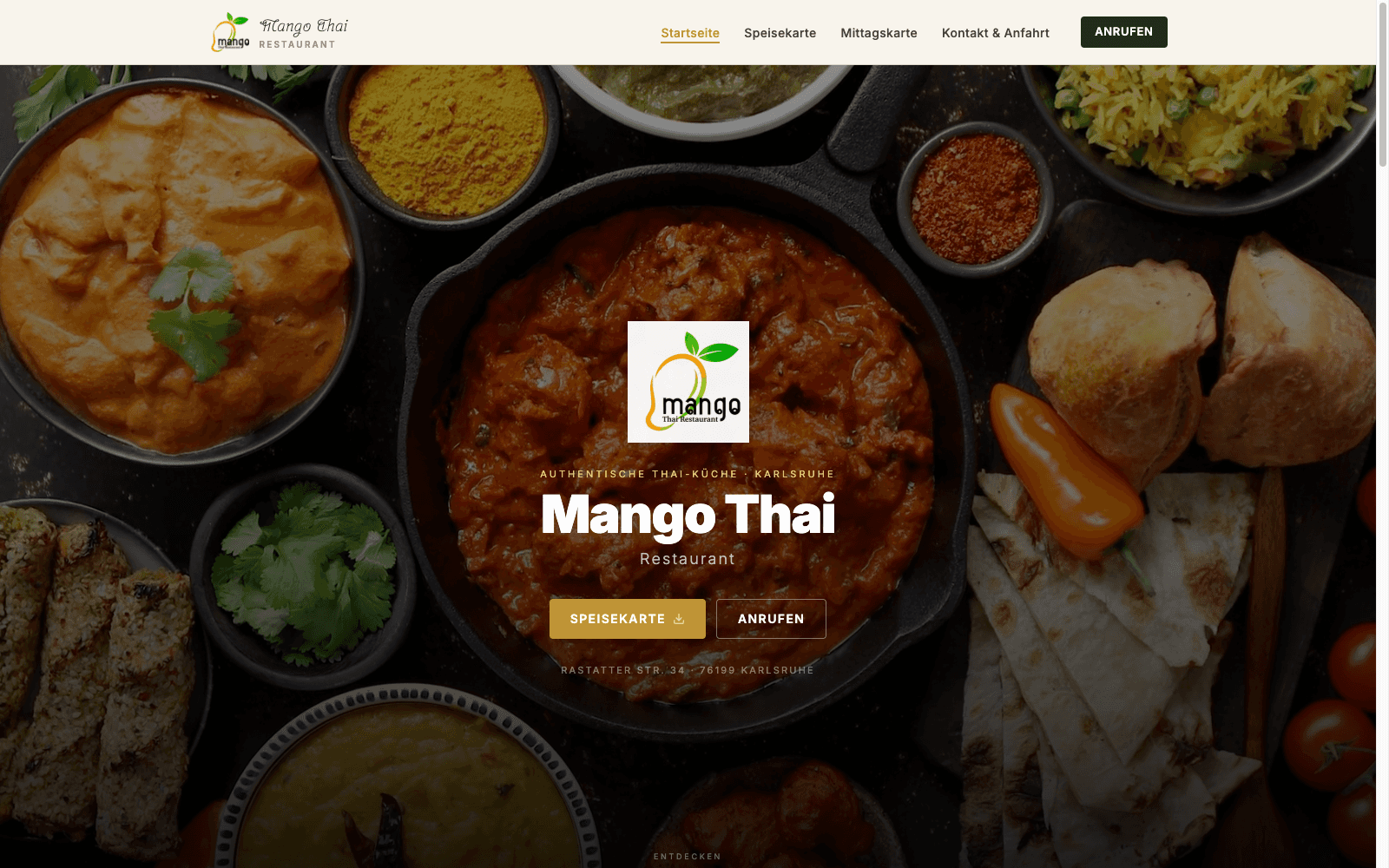 Landingpage des Mango Thai Restaurants