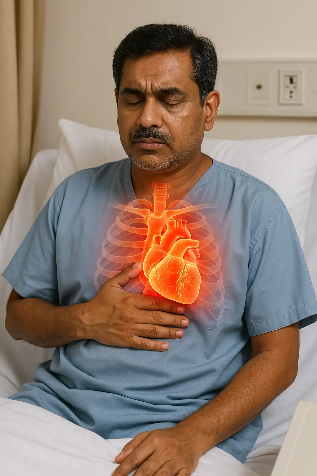 Post-bypass surgery recovery physiotherapy – man in hospital bed holding his chest with highlighted heart anatomy, indicating pain relief and cardiac rehabilitation needs.