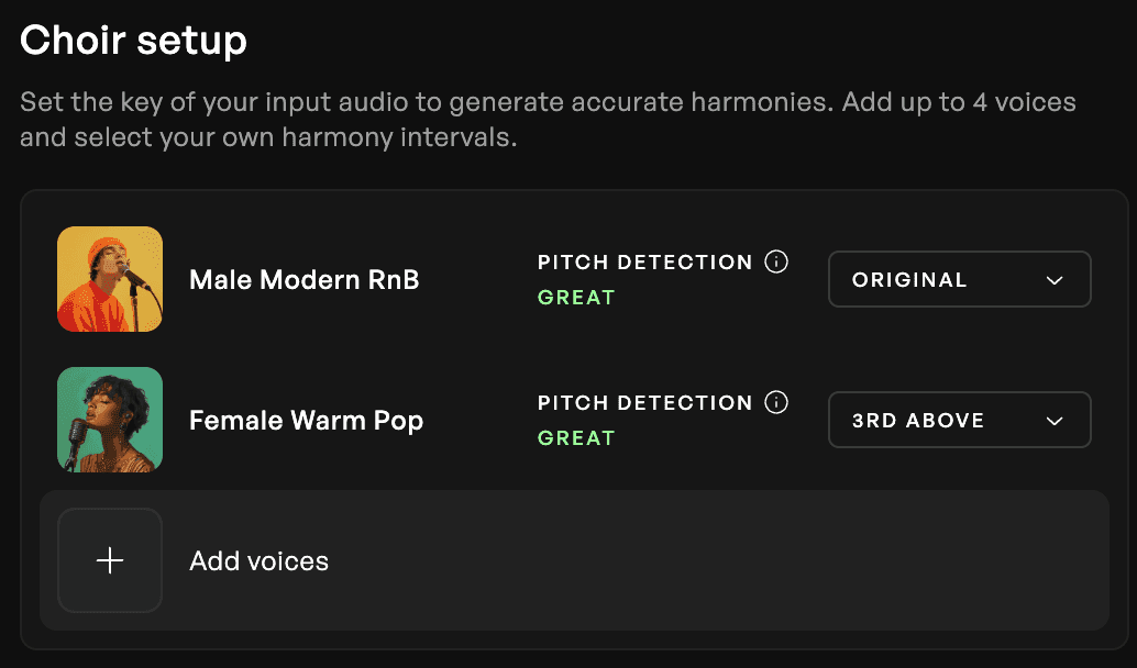 Choir setup feature of the Harmony Generator