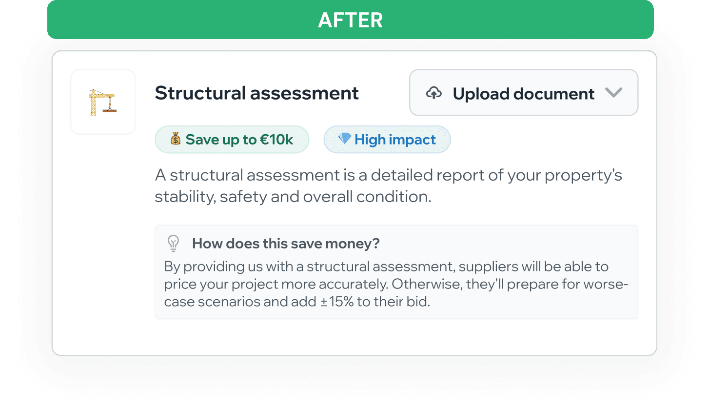 Before and after comparison: inline text editing with incomplete information warning replaced by structured recommendation card with clear action options and cost savings highlighted