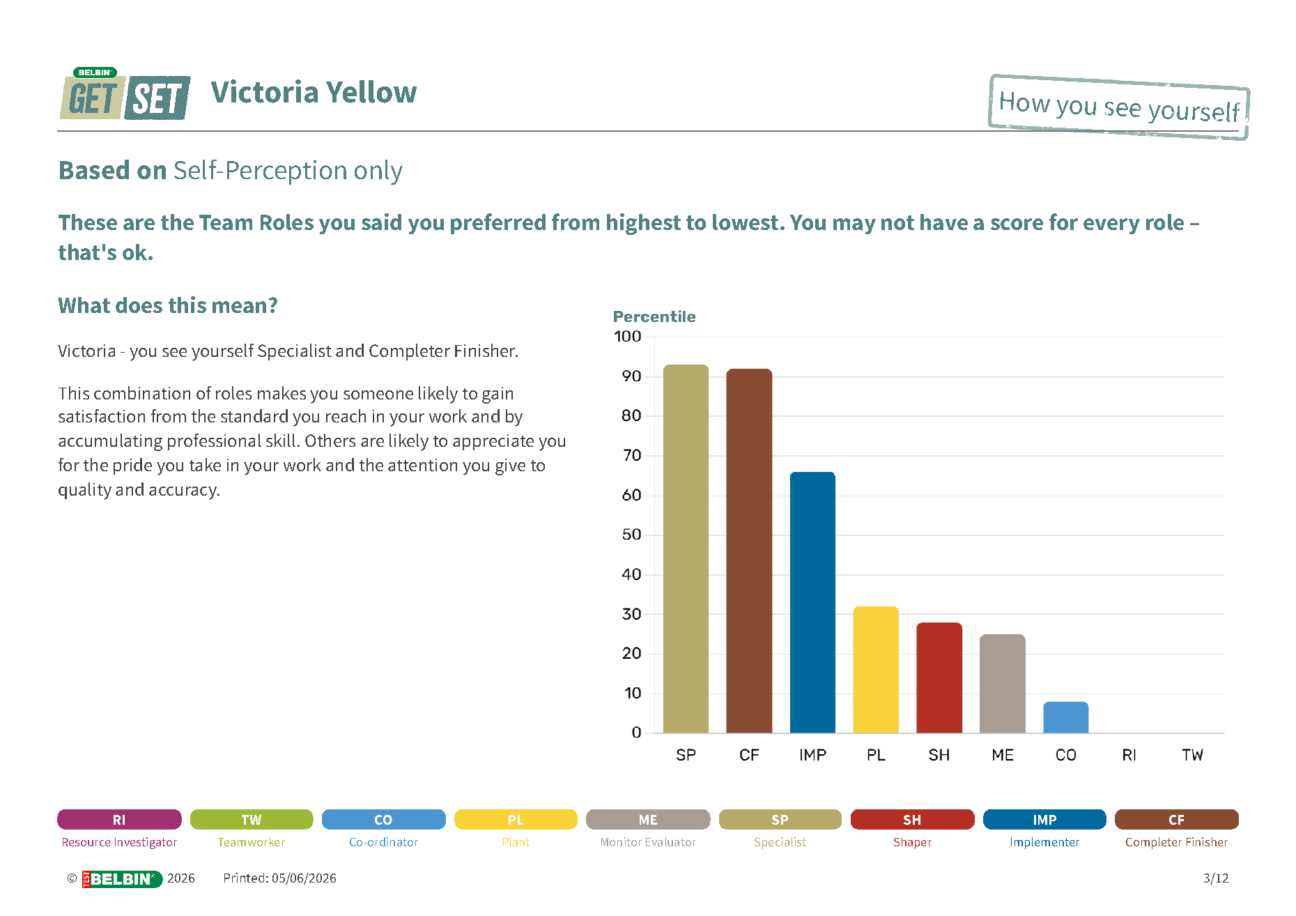 Sample Belbin GetSet report: Victoria Yellow — Specialist and Completer Finisher
