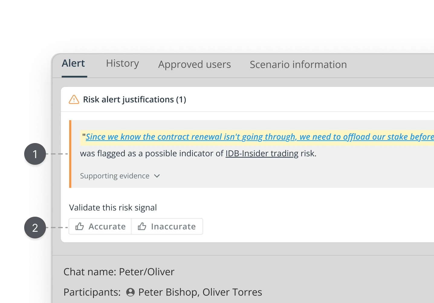 Improved risk alert justification component in collapsed state.  Flagged compliance signal elevated with orange left border.  Risk scenario and investigation status surfaced inline.  Supporting evidence hidden by default to reduce cognitive load.  UX case study by Yanick, senior product designer.