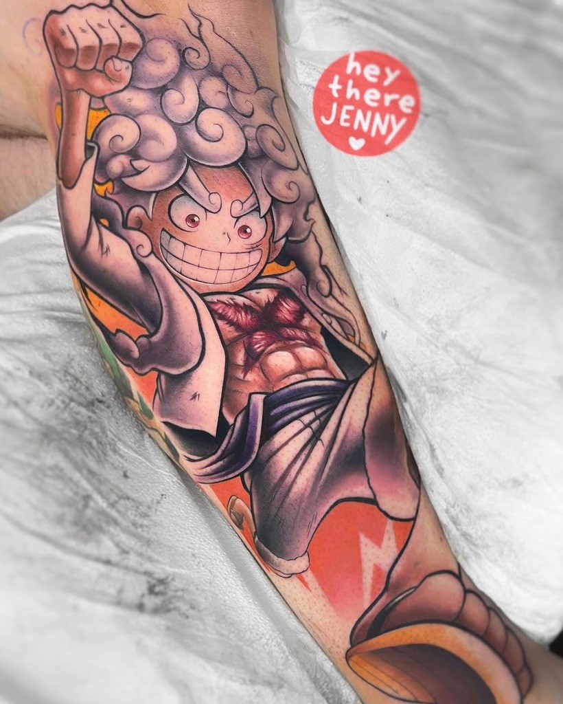 Playful and vibrant tattoo of Gear 5 Luffy from One Piece, showcasing cartoon-style artistry with bold colors by HeyThereJenny