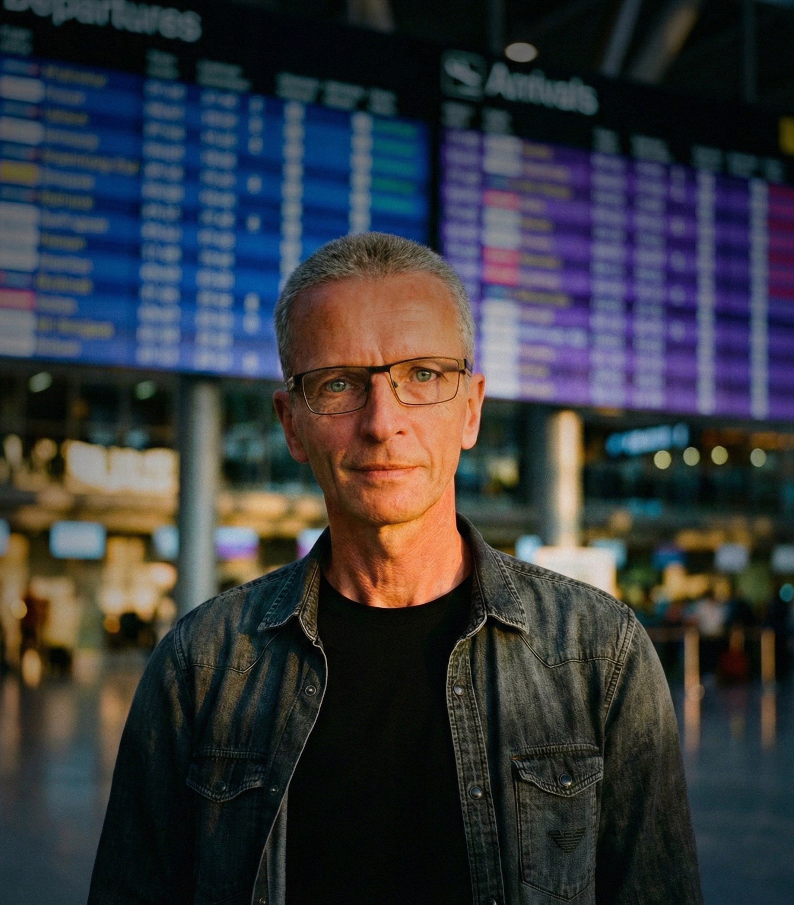 Ein Mann mit grauen Haaren und Brille, der eine schwarze Weste und einen grauen Kapuzenpullover trägt, steht vor einem luxoriösem Gebäude.
