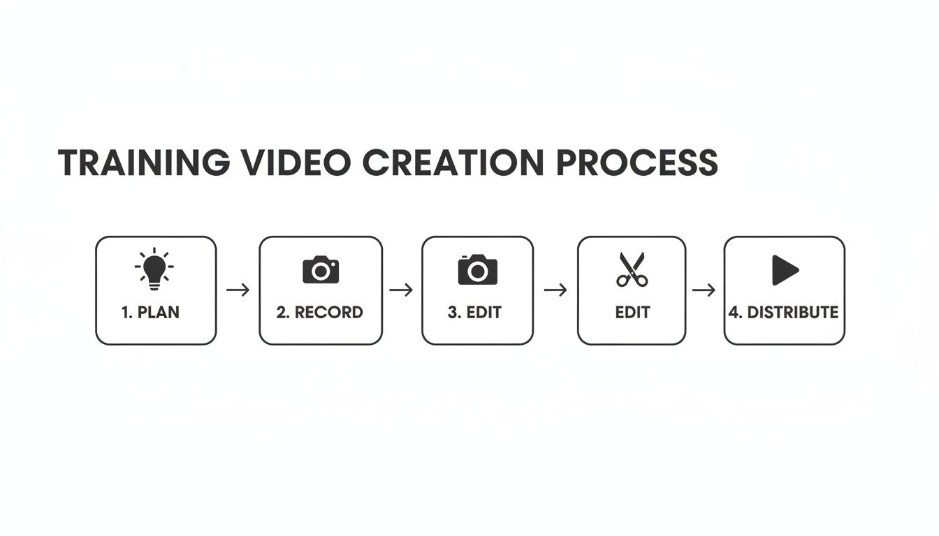 Flowchart showing the 4-step process for training video creation: Plan, Record, Edit, and Distribute.
