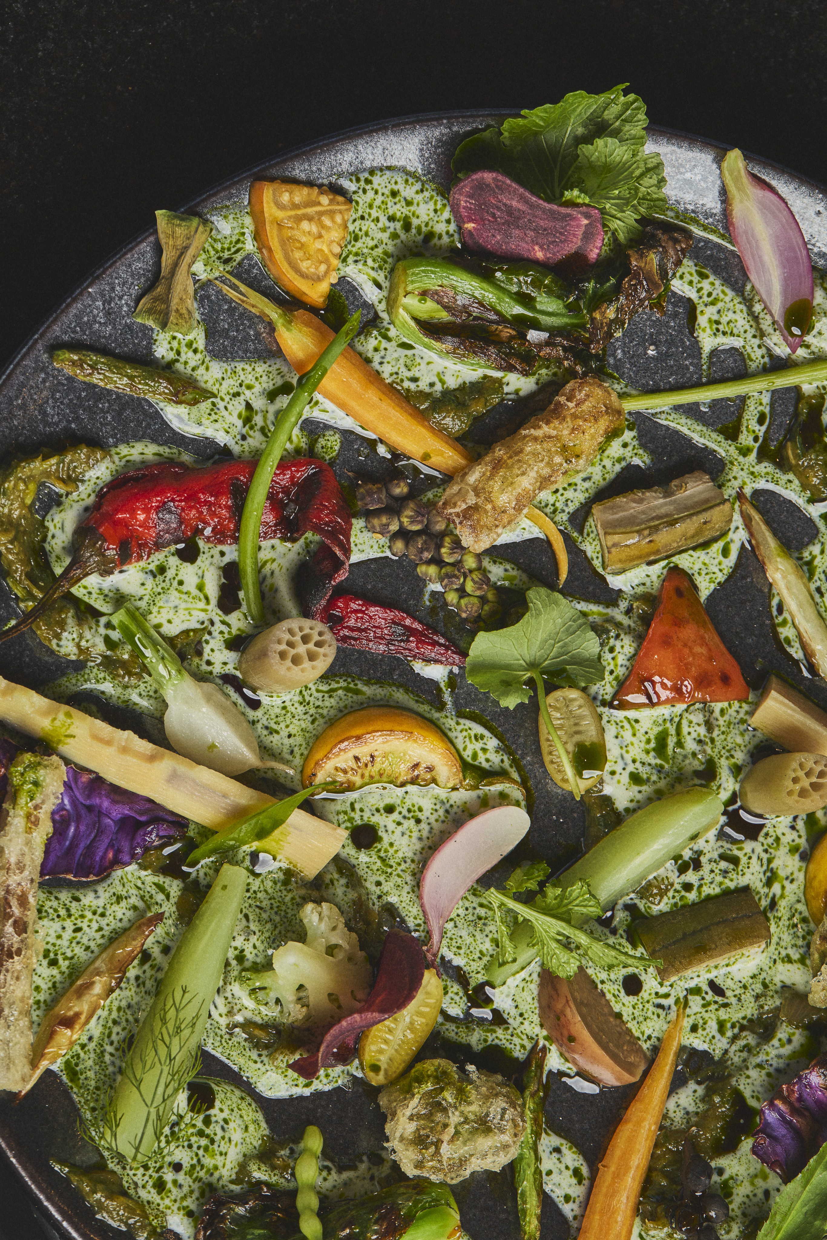 Seasonal Vegetables, Smoked Buttermilk, Grilled Screw Chili, Dill