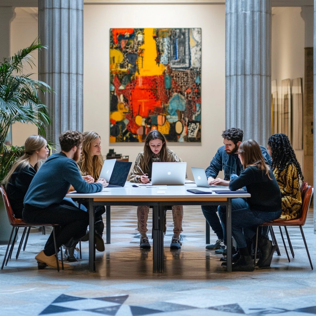 people sitting around a table with laptops in a museum