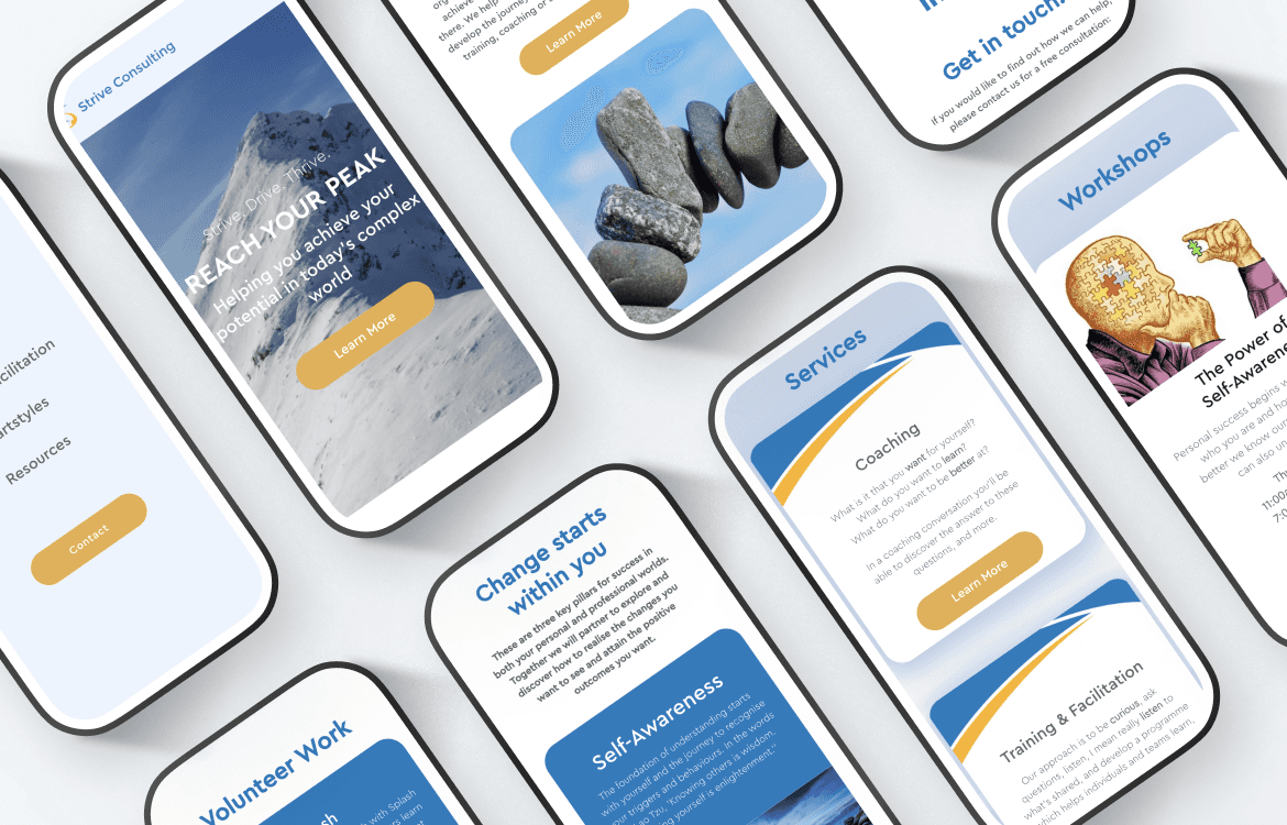A series of mobile screens showing the Strive Consulting website.