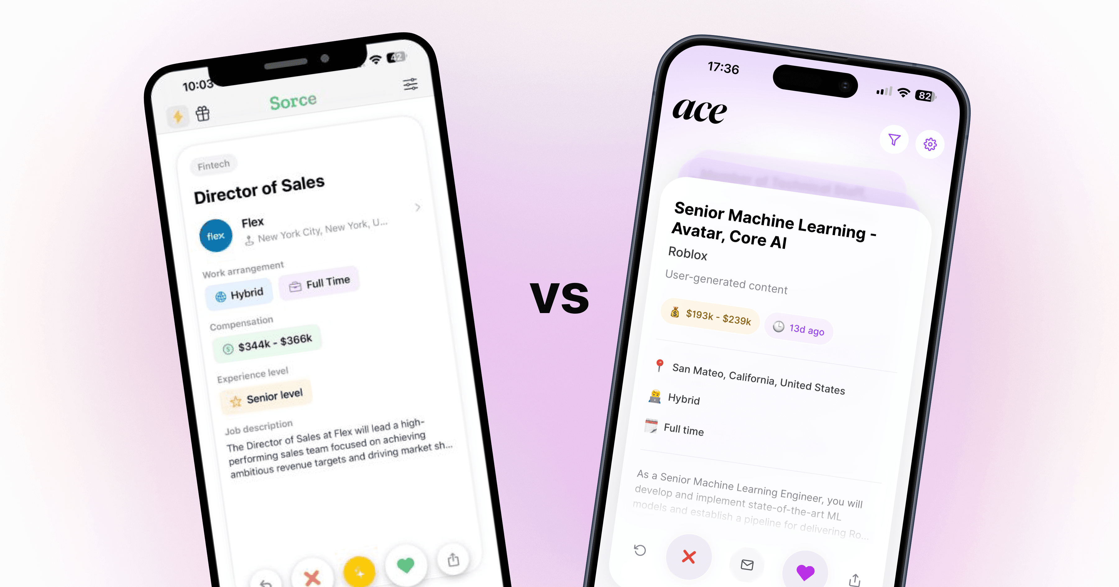 Comparison of Sorce and Ace auto-apply job search apps showing features side by side.