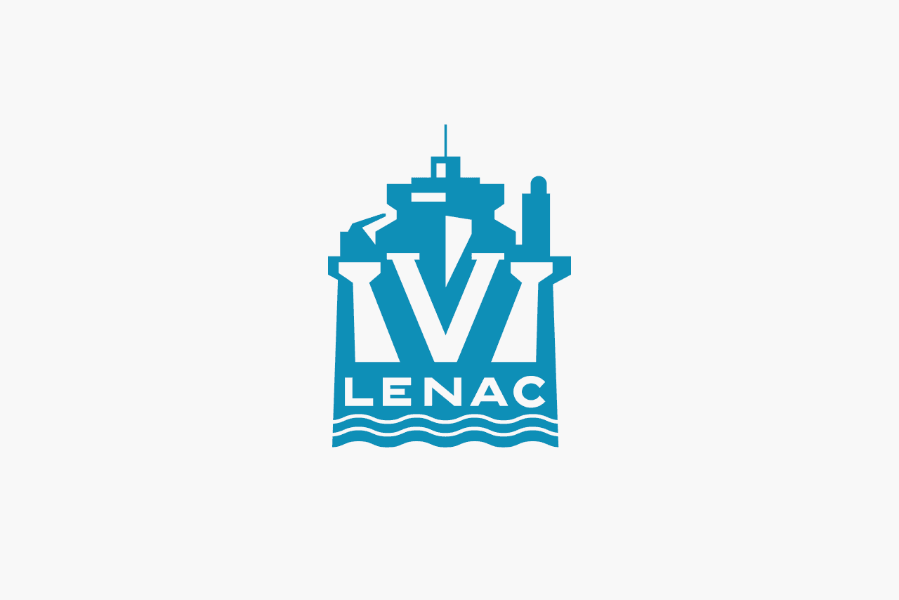 Viktor Lenac Logo. Outline of a ship, crane and tall building, with a large letter V, the word Lenac below and waves at the bottom