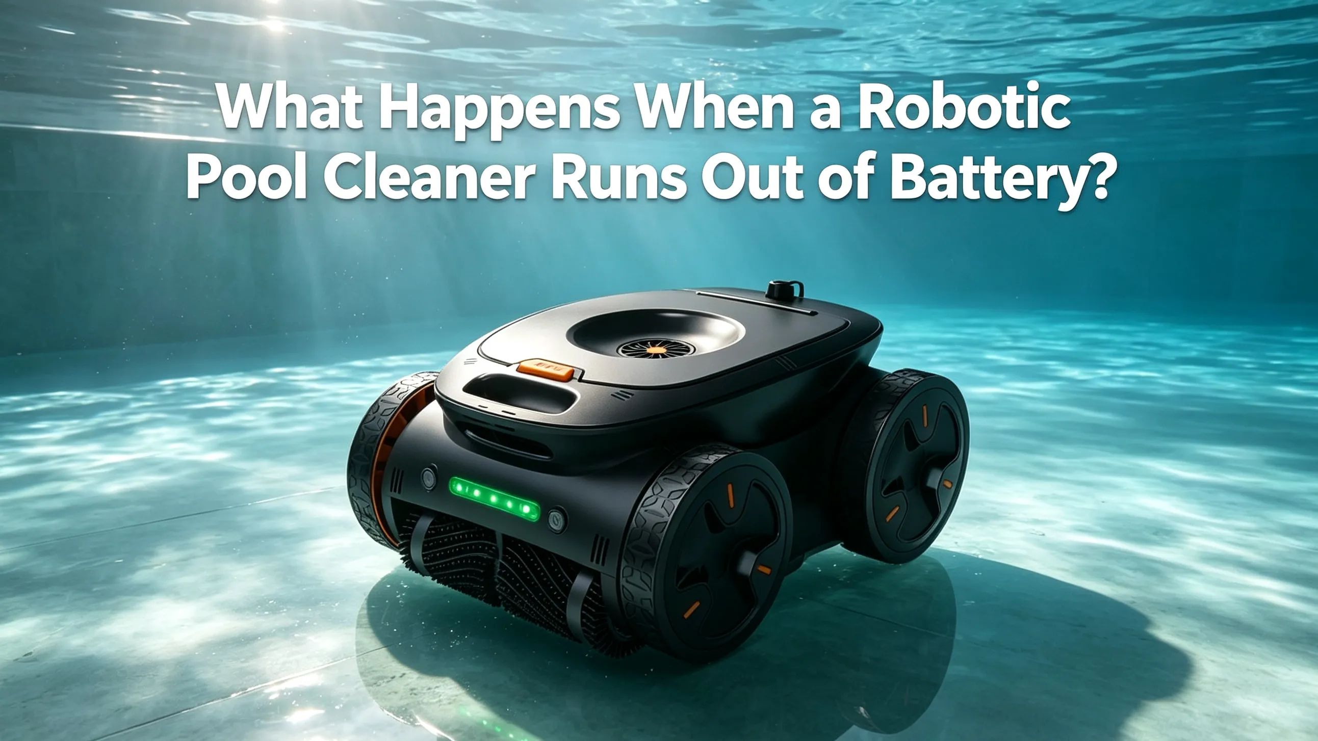 Cordless robotic pool cleaner stopped on a pool floor after running out of battery